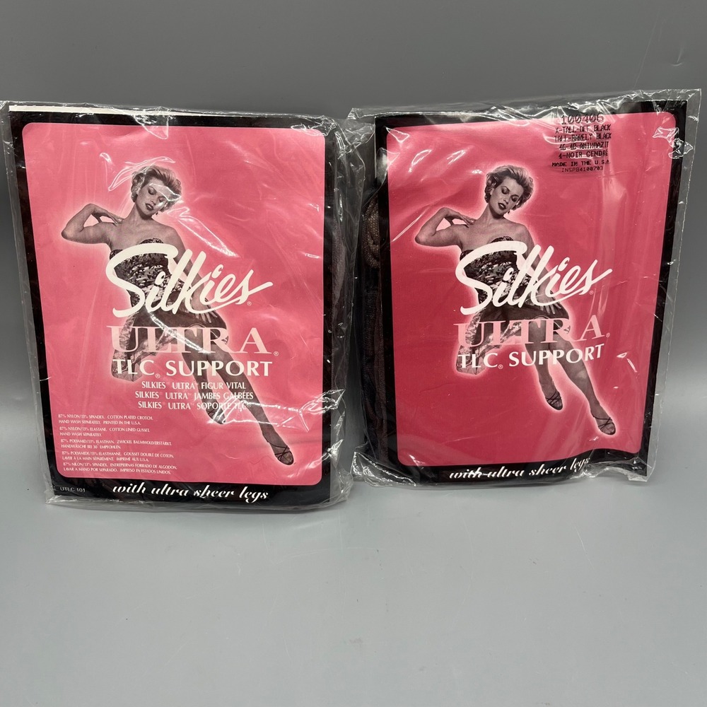 2 Vtg 90s Silkies Ultra‎ TLC Support Pantyhose X-Tall Misty Grey & Off Black NOS